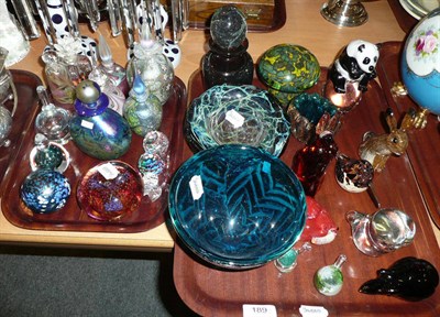 Lot 189 - Two trays of glass including Mdina, perfume bottles and paperweights