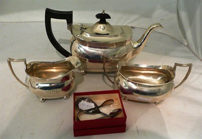 Lot 190 - Three piece silver tea set, silver tongs and caddy spoon