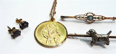 Lot 222 - A 9 carat gold St Christopher pendant on chain, a rope twist chain, two bar brooches and a pair...