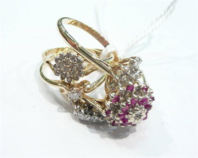 Lot 224 - A diamond three stone ring, a 9 carat gold diamond and ruby cluster ring, a 9 carat gold...