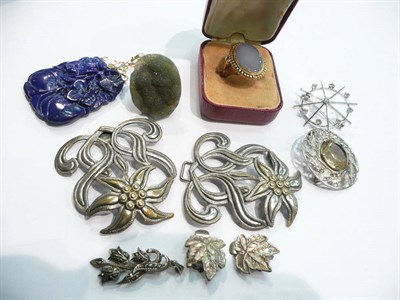 Lot 229 - A lapis-lazuli pendant, two dress rings, a citrine brooch, a belt clasp, a pair of leaf ear...