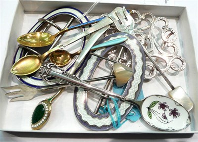 Lot 245 - Two enamelled buckles, a double buckle, Danish enamelled coffee spoon, other spoons etc