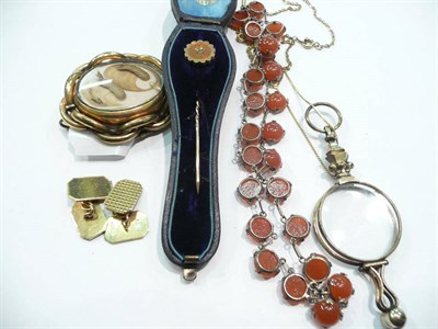 Lot 246 - A Victorian brooch, tie pins, 9 carat gold cufflinks, glasses, etc