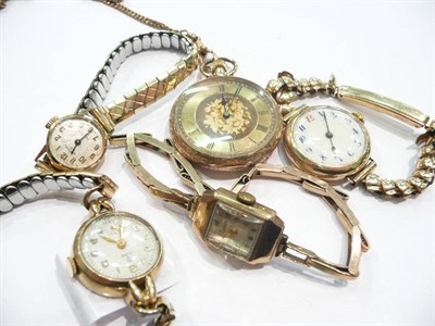 Lot 252 - Three 9 carat gold lady's wristwatches, another lady's watch stamped '14K', a fob watch stamped...