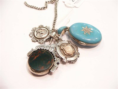 Lot 266 - Oval locket, silver stone-set swivel fob, two silver medals and a silver watch chain