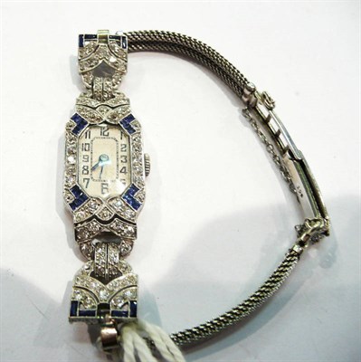 Lot 269 - A lady's Art Deco diamond and sapphire set wristwatch, nickel finished lever movement, silvered...