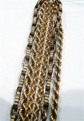 Lot 282 - A 9 carat gold rope chain, a 9 carat gold belcher chain and an Albert stamped '9CT'