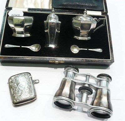 Lot 300 - Cased silver cruet set, silver vesta and opera glasses