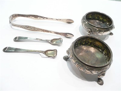 Lot 302 - Pair of silver salts, marks rubbed, two silver salt spoons and a pair of silver nips