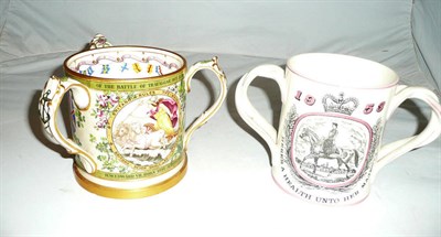 Lot 311 - Copeland Nelson centenary 1905 three-handled mug and a Royal Doulton twin-handled mug designed...