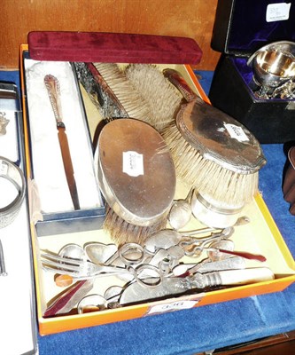 Lot 336 - A quantity of silver cutlery, silver backed brushes, sugar tongs, etc