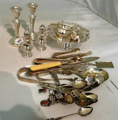 Lot 339 - Pair of silver table candlesticks, silver salt and pepper, silver tongs and spoons, etc