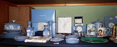 Lot 348 - Wedgwood jasperware including clocks candlesticks, etc (on a shelf)