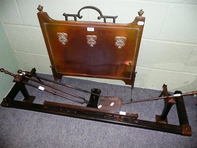 Lot 354 - Copper fire guard, three copper fire irons and a copper and steel fender