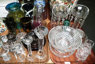 Lot 355 - Two trays of glass ware including a pair of lustres, vases, candlesticks etc