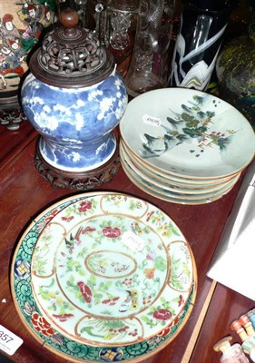 Lot 357 - Six celadon plates, two saucer dishes and a blue and white vase