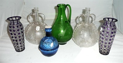 Lot 365 - Six glass items - vases, decanters and a blue glass fire extinguisher