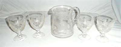 Lot 368 - H G Webb engraved hunting scene jug and four glasses - signed