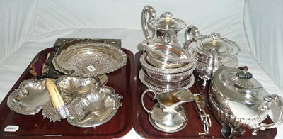 Lot 378 - Two trays including two pairs of plated wine coasters, tusk mounted plated tray, six cased...