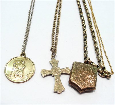 Lot 408 - A locket on chain, a cross on chain, a St Christopher pendant on chain and assorted other chains