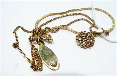 Lot 432 - A diamond set 9 carat gold pendant on chain, a 9 carat gold bracelet and a pendant