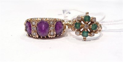 Lot 435 - A 9 carat gold amethyst and diamond ring and a 9 carat gold emerald and diamond ring