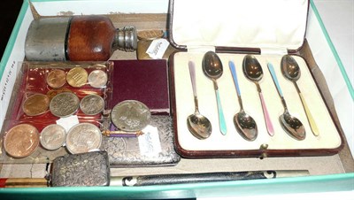 Lot 436 - Cased silver and enamel teaspoons, silver cigarette case, silver vesta, coins, medals, etc