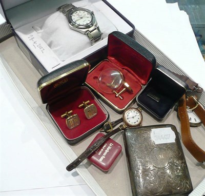 Lot 453 - Pocket watch, wristwatches, cufflink's, silver cigarette case etc