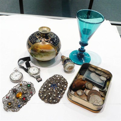 Lot 455 - Two silver watches, 19th century drinking glass, scent bottle, two brooches and coins