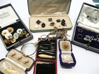 Lot 457 - Two pairs of lorgnettes, chain, dress jewellery, cased studs and cufflink's