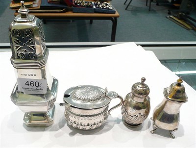 Lot 460 - Birmingham silver sugar castor, two silver pepperettes and a Victorian oval mustard with plated...