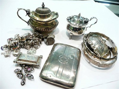 Lot 465 - Silver cigarette case, two mustard pots and a quantity of small silver trinkets