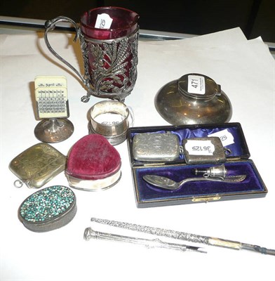 Lot 471 - A silver Capstan inkwell, three vesta cases, pin cushion, calendars, etc