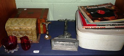 Lot 478 - Mahogany writing slope, records, cranberry milk jug, sugar bowl, etc