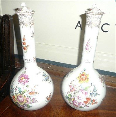 Lot 491 - Pair of Dresden porcelain floral-decorated bottle vases