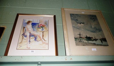 Lot 504 - Two pictures - girl posing and a Dutch windmill scene