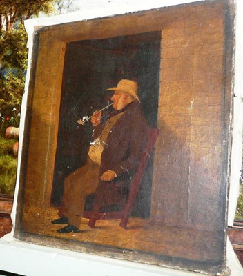 Lot 505 - Naive oil on canvas of a gentleman smoking a pipe