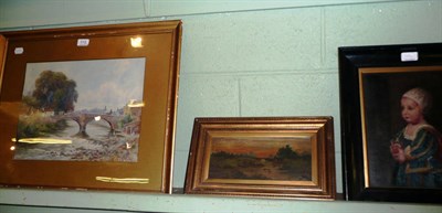 Lot 510 - A framed oil on canvas portrait of a young girl, framed watercolour landscape and a small oil (3)