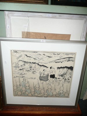 Lot 511 - A pen and ink framed satirical cartoon entitled 'Channel Swim' by Cummings and a framed pastel of a