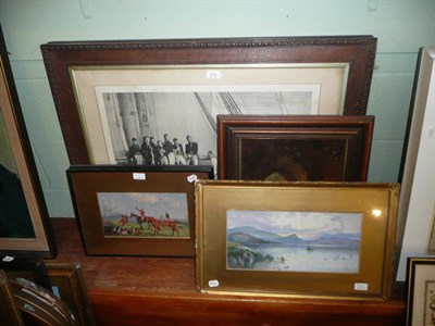 Lot 512 - An oil on canvas of an interior of a ruin, a watercolour of Ullswater, two Alkin hunting prints and