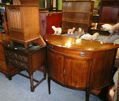 Lot 547 - Edwardian mahogany bow fronted cupboard, an oak linfold panel coal purdonium, carved oak two drawer