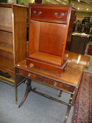 Lot 554 - Yew-veneered open bookcase, a similar bookcase with drawer, a side cabinet, side table, sofa...