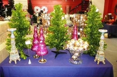 Lot 1003 - Decorations including, Three small Christmas trees, four pink glass trees, glittered rose...