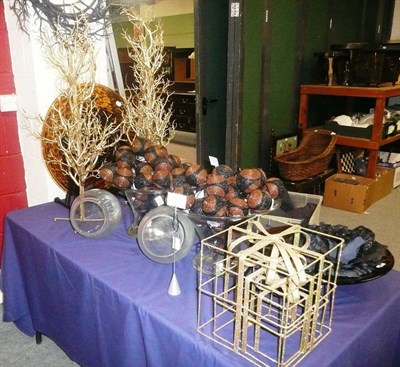 Lot 1004 - Decorations including, Glass vases, two small gold Christmas trees, black wreath, two 'tortoise...