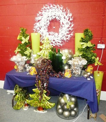 Lot 1005 - Decorations including, Glass vases, a white glitter wreath, silver baubles, foil Christmas...