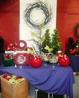 Lot 1007 - Decorations including, Red Christmas baubles, four glass cheese dishes , black wreath, small...