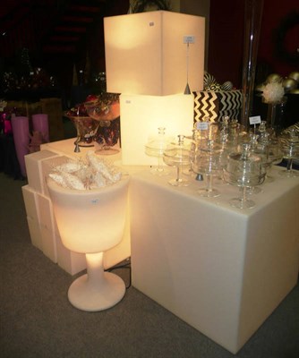 Lot 1018 - Decorations including, Two large light cubes, two medium size light cubes, a similar glass...