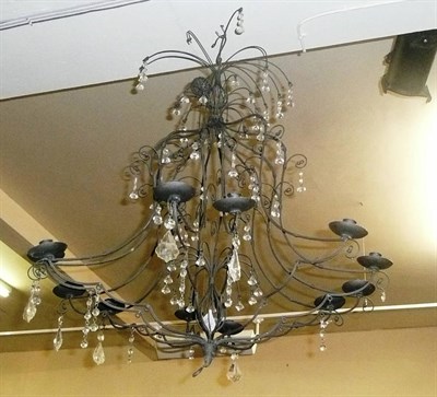 Lot 1023 - Decorations including, six black and glass chandeliers