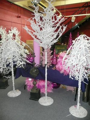 Lot 1028 - Decorations including, Three large white wire and polystyrene Christmas trees