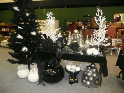 Lot 1037 - Decorations including, Large black tree, two white glittered trees, silver glass trees, large black